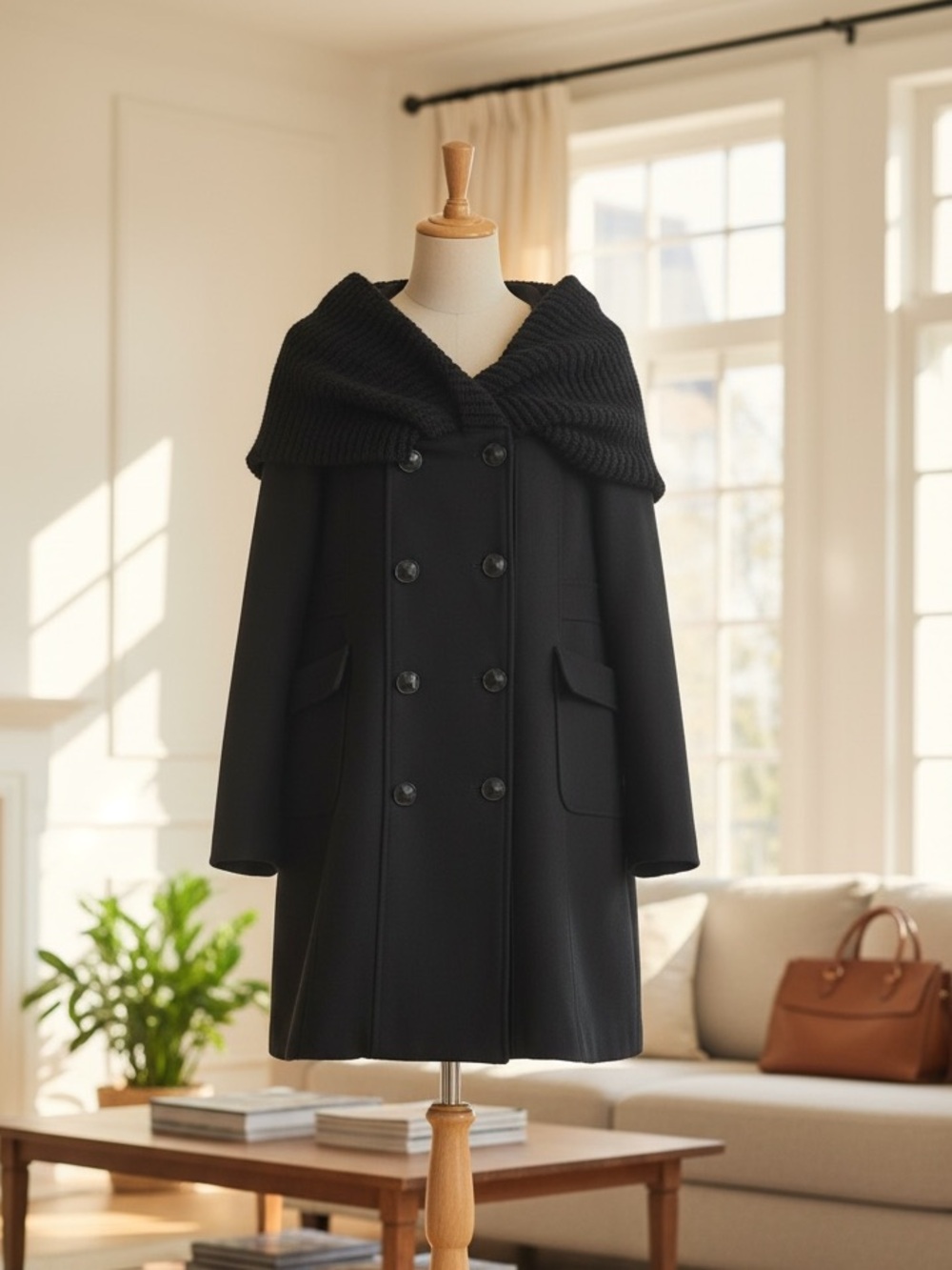2Xpose Black Wool Blend Double Breasted Peacoat Women’s XL‎ Knit Cowl Neck